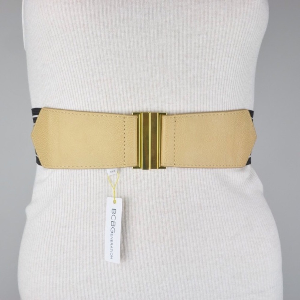 BCBGENERATION WAIST BELT BEIGE BLACK VEGAN LEATHER